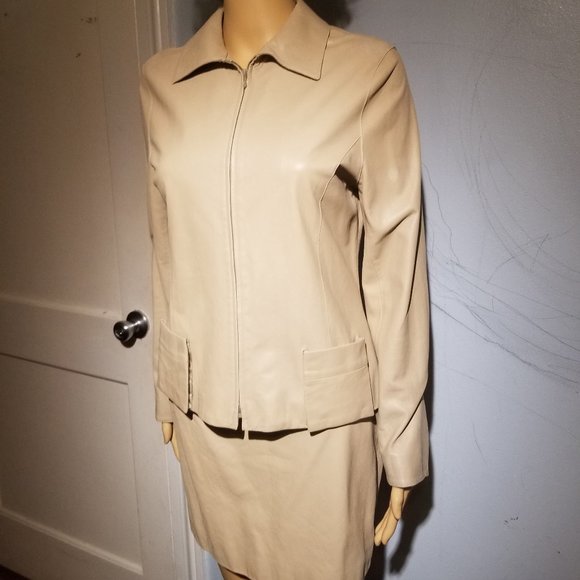 SOLD suit soft leather &silk light coffee JACKET /SKIRT - Picture 15 of 16